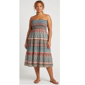 MUDD Smocked Bodice Paisley Boho Tiered Midi Dress XL Y2K Earthy beach Babydoll